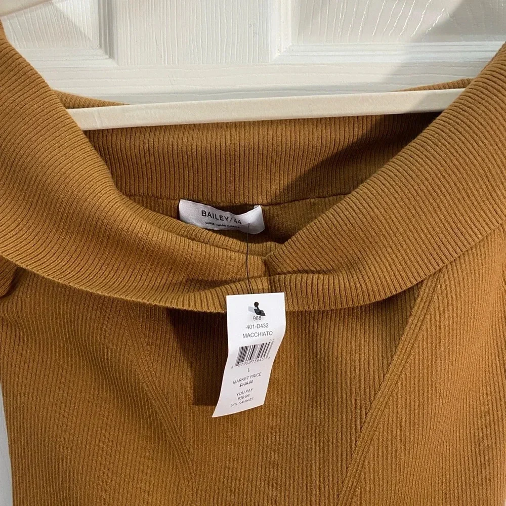 Bailey 44 Camel Off Shoulder Top L Long Sleeve Ribbed Stretch Casual NWT - Picture 4 of 8